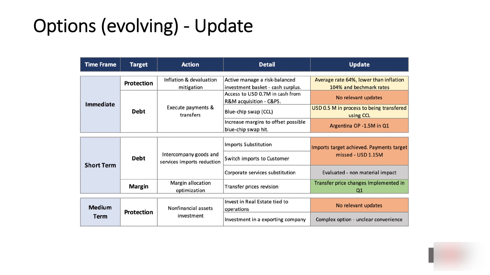 Options by time frame with execution status — immediate, short term, medium term