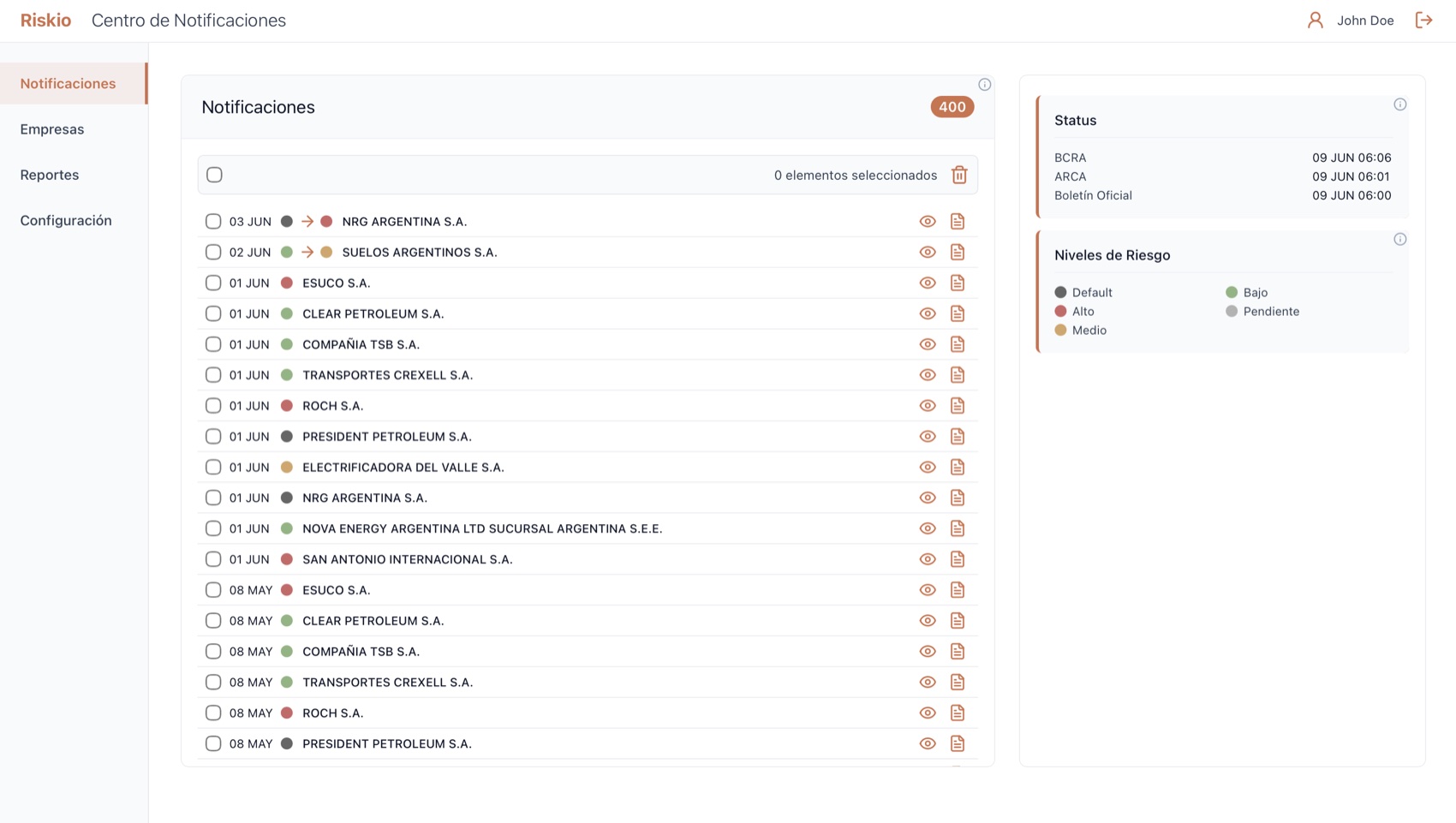 Riskio notifications center — changes detected across the monitored portfolio