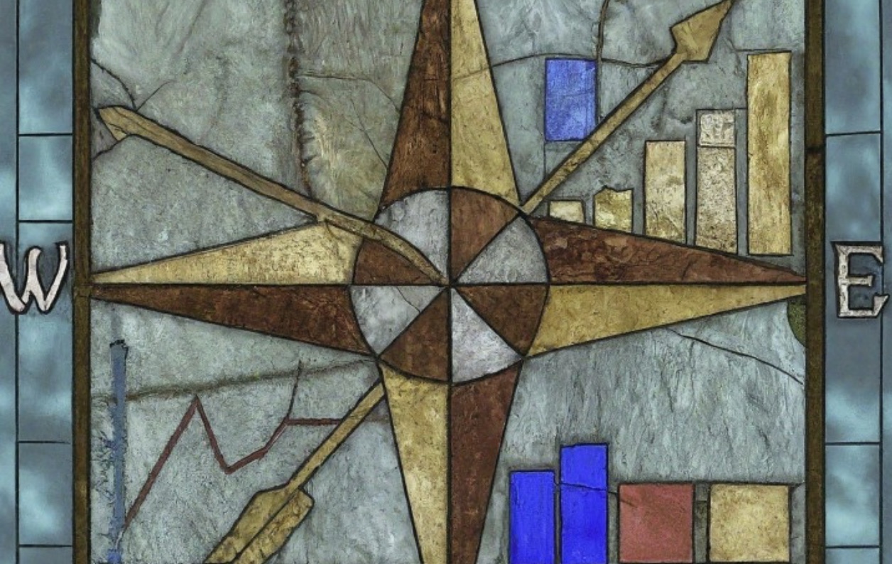 A stained-glass compass surrounded by charts and trend lines — navigating volatile markets